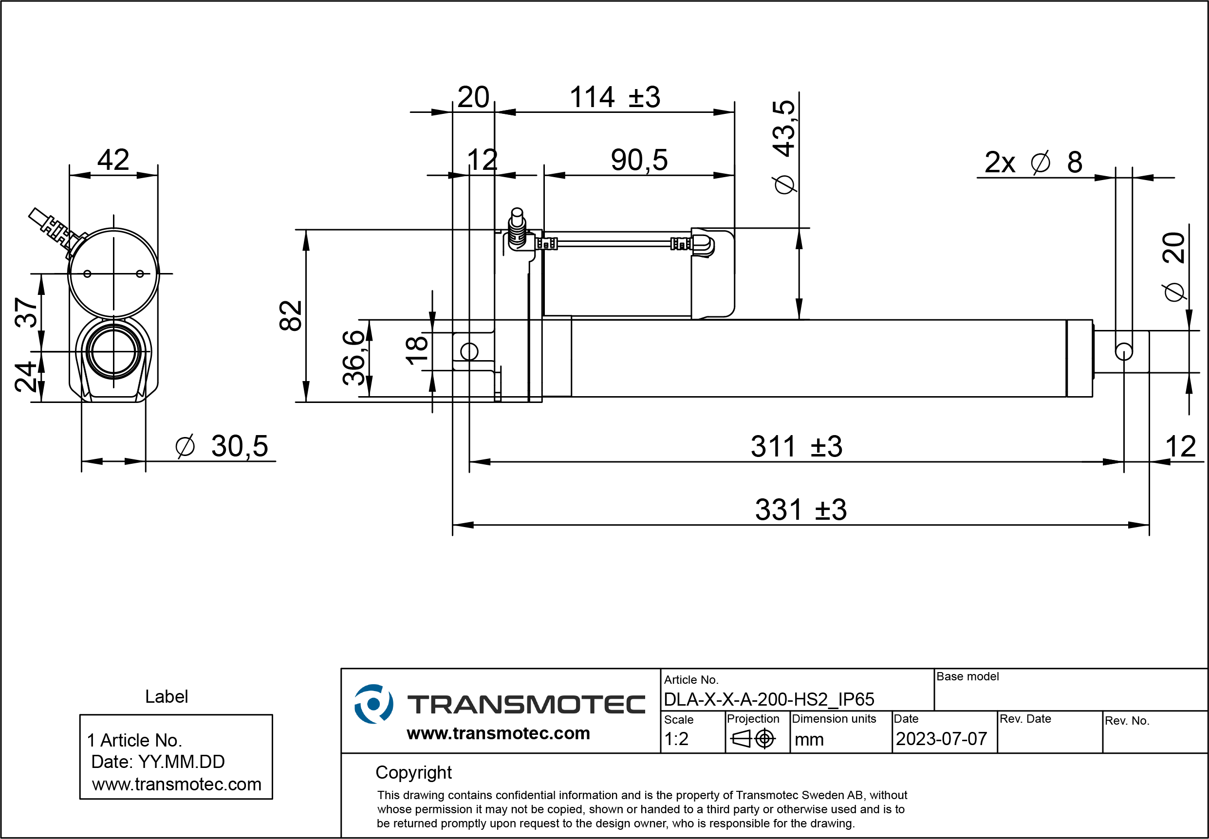 Lineær aktuator til jævnstrøm 24VDC 500N 1,3A - Transmotec