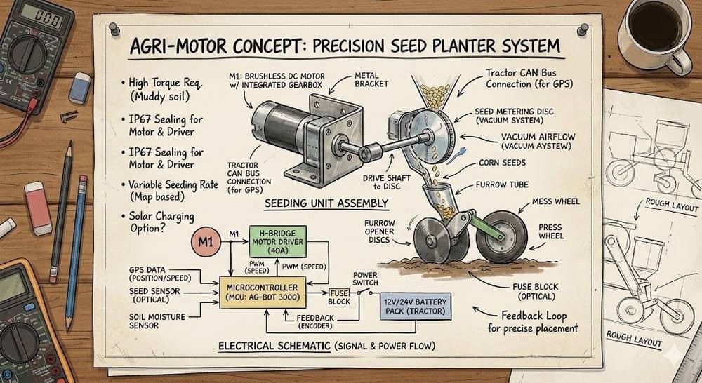 Konceptskitse af en præcisionssåmaskine med en børsteløs DC-motor, der driver doseringsskiven